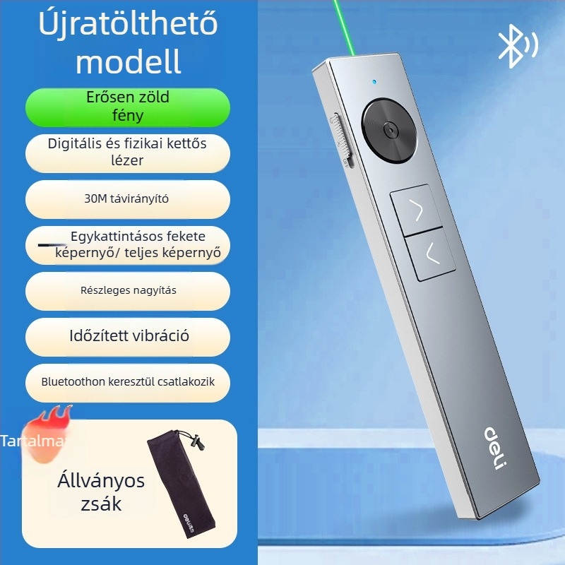 Deli 50682W Oldalfordító toll PPT távirányítóval, nagyító funkcióval, többfunkciós lézer toll, 200 m lézerhatótávolság, 650 nm hullámhossz, újratölthető Li-ion akkumulátor