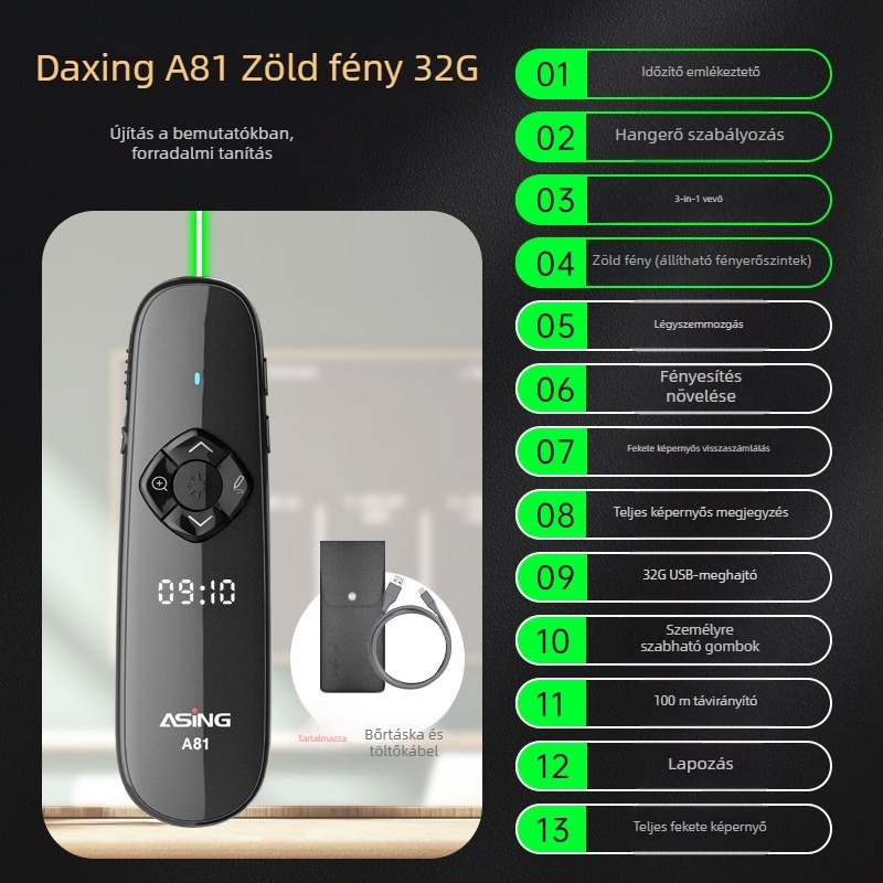 Oldalváltó toll LED LCD kijelzővel, kettős lézer mutatókkal és multifunkcionális dupla interfésszel (lézeres távolság 100, lézerhullámhossz 200, akkumulátor 500mAh)
