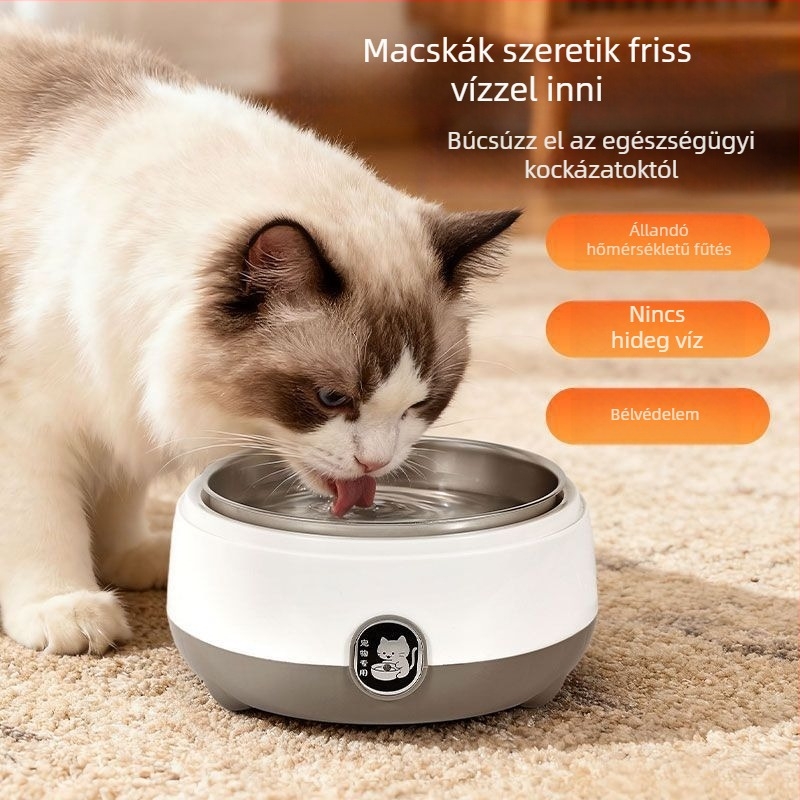 Macska víz adagoló fűtővel és belső rozsdamentes acél tálcával, hőmérséklet-szabályozás, teljesen automata, mini