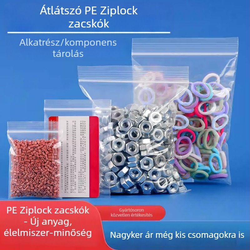 Átlátszó PE csomagoló tasak, önzáródó, zárási hossz 10–30 cm, kis alkatrészekhez