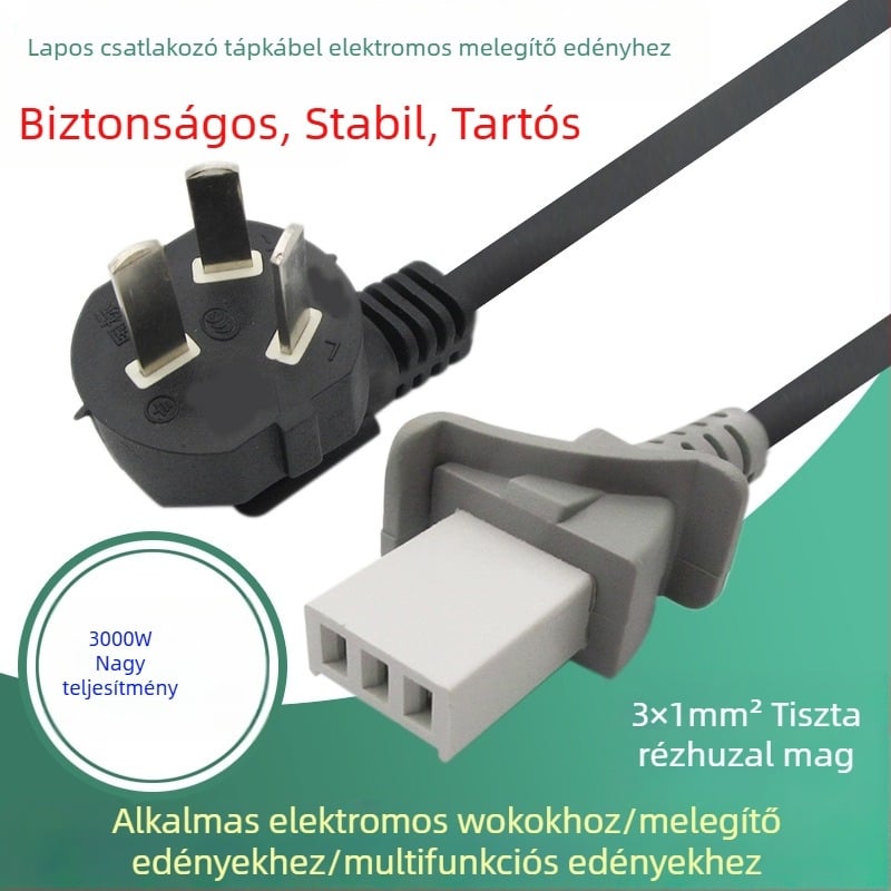 Rizsfőzőhöz való tápellátó kábel – sík hárompin-es dugóval, elektromos forró edényhez, serpenyőhöz és vízforralóhoz