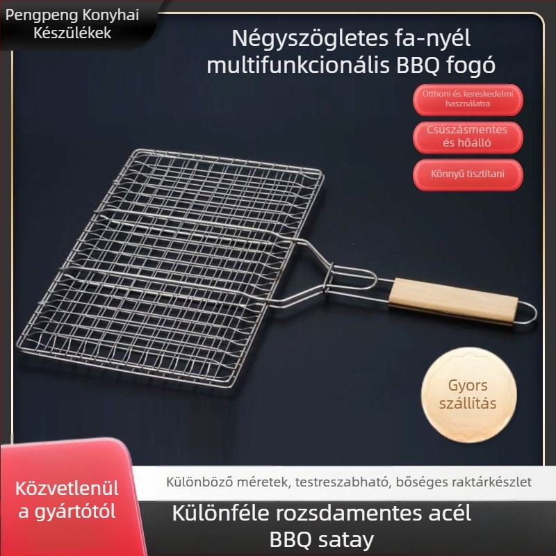 Négyzet alakú rozsdamentes acél grill-klipsz, hordozható, összecsukható, könnyen tisztítható; súly 500 g.