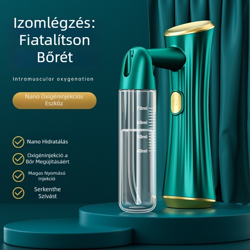 Kézibeszáró oxigéninfúziós készülék arcra kék fény spricceléssel és hidratáló esszenciával — 1 fokozat, hideg permet, ABS ház, beépített akkumulátor 300–500 mAh, ködidő legfeljebb 10 s