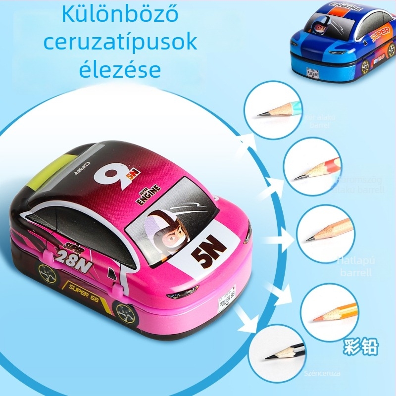 Kétlyukú kézi ceruzahegyező, mini autó alakú dizájn, modell X258, 0–14 éveseknek, uniszex