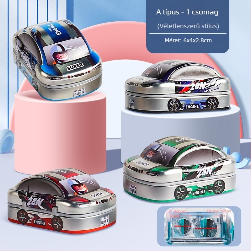 Kétlyukú kézi ceruzahegyező, mini autó alakú dizájn, modell X258, 0–14 éveseknek, uniszex
