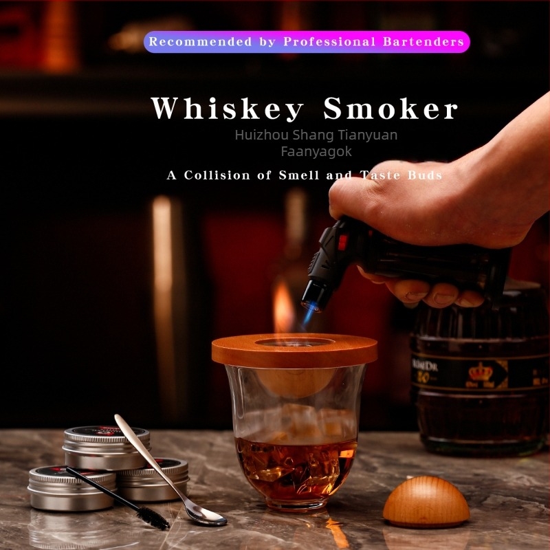 Whiskey füstölő készlet koktélokhoz – tömörfa, edény repülő tál formájú, füstölő komponens fa chipset, bárfelszerelés, megjelenés nyár 2021