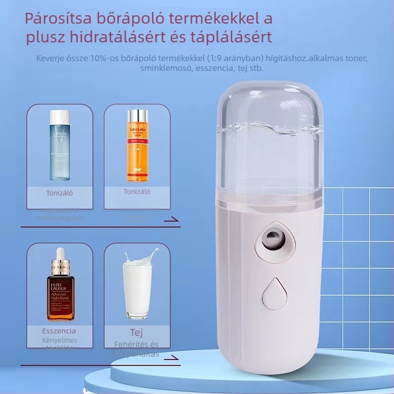 Nano permetező arc hidratáló kézi készülék — hordozható hideg permet, 1. fokozat, beépített 100–300 mAh akkumulátor, köd idő legfeljebb 10 s, üzemidő 1–3 h