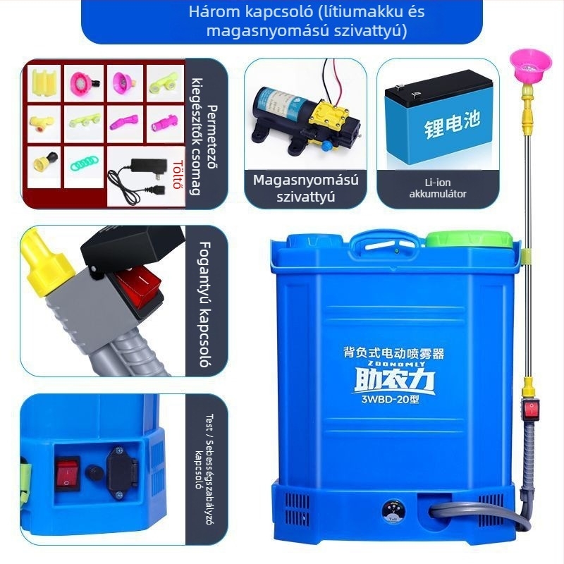 Elektromos hátizsákos permetező, magasnyomású, lítium akkumulátorral (Márka: Powerful Factory; Méretek: nézd meg a részleteket; Cél: Növényvédelem)