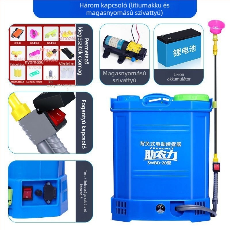 Elektromos hátizsákos permetező, magasnyomású, lítium akkumulátorral (Márka: Powerful Factory; Méretek: nézd meg a részleteket; Cél: Növényvédelem)