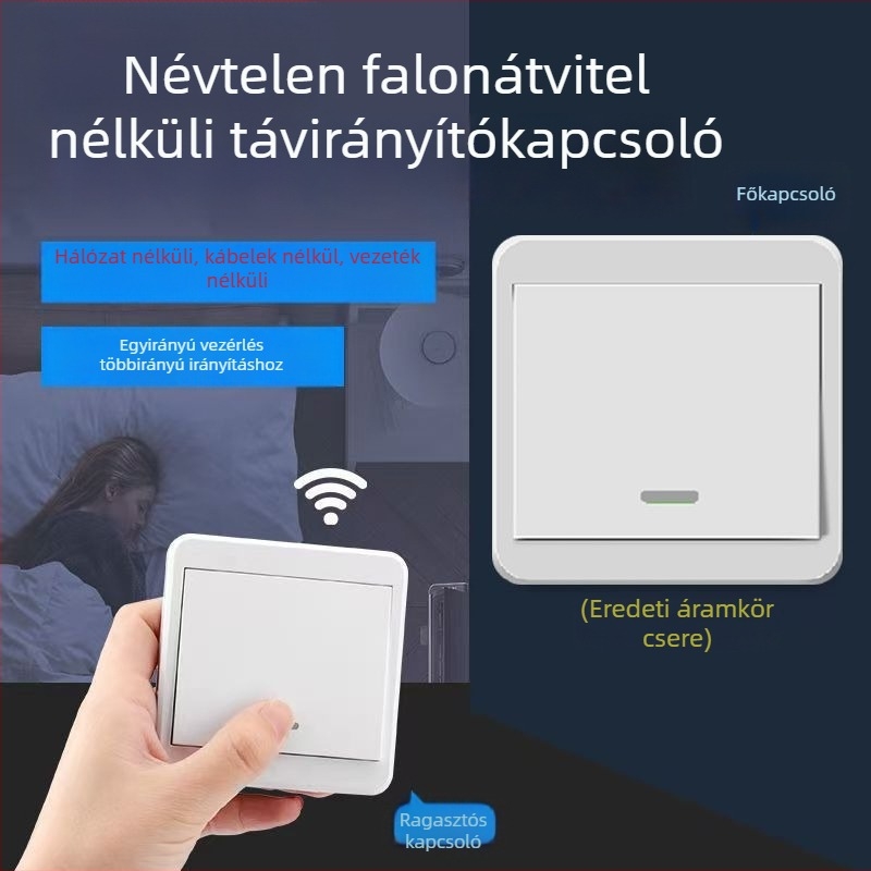Vezeték nélküli 220V-os fénykapcsoló, kettős vezérléssel, ragasztópanelre szerelhető