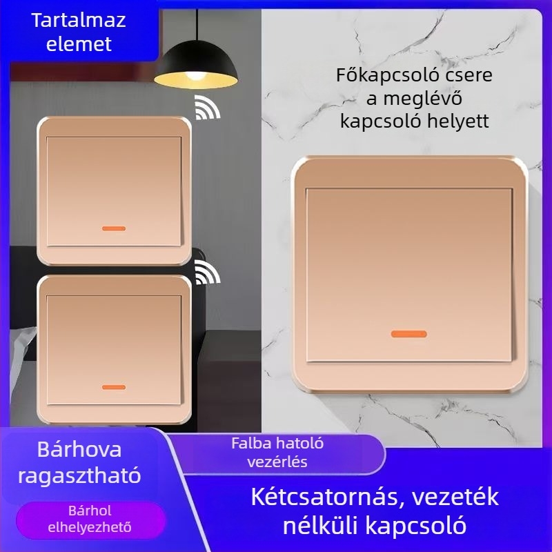 Vezeték nélküli 220V-os fénykapcsoló, kettős vezérléssel, ragasztópanelre szerelhető