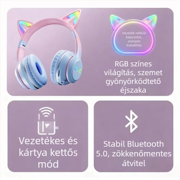 2026-os új Bluetooth fejhallgató fejre szerelhető, hosszú üzemidejű, világító macskafülek, vezeték nélküli