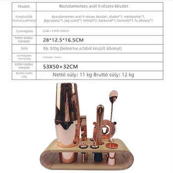 Rozsdamentes acélból készült 9 részes koktél shaker készlet – modern minimalist stílusú bár eszközök