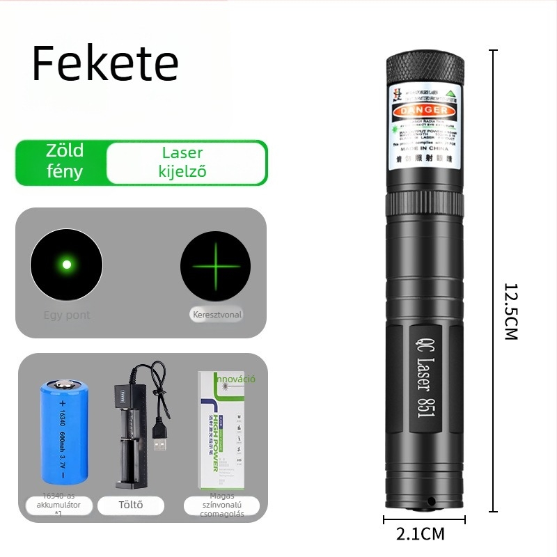 Keresztirányos lézer toll derékszögű szinttel - 532 nm, 1 km hatótávolság, 16340 akkumulátor