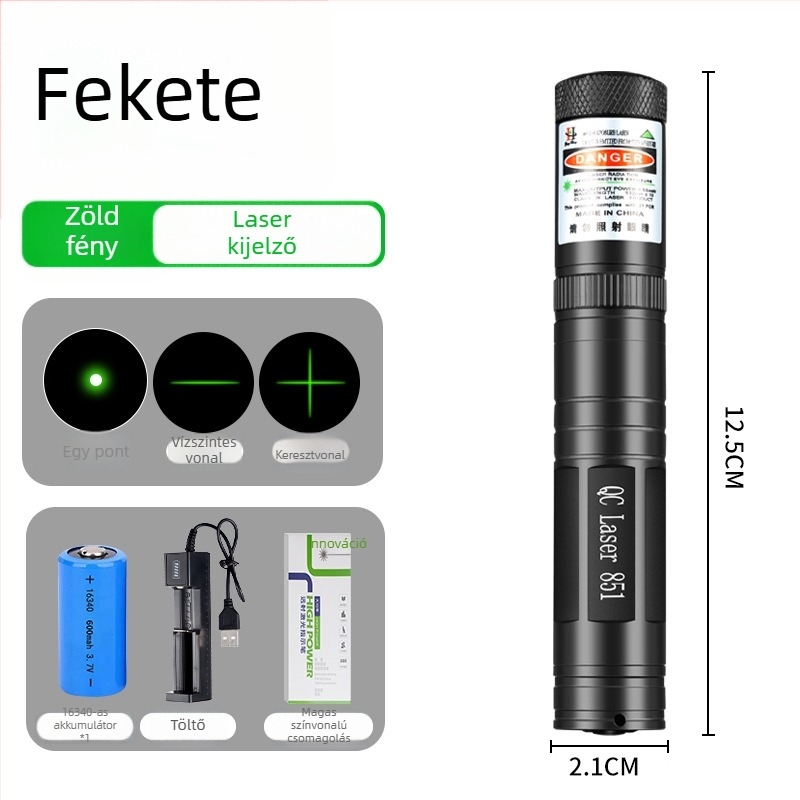 Keresztirányos lézer toll derékszögű szinttel - 532 nm, 1 km hatótávolság, 16340 akkumulátor