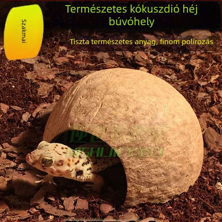Natural coconut shell reptile cave hideout for lizards, geckos, spiders, snakes, scorpions, hamsters, centipedes and hermit crabs; material: coconut shell; purpose: reptile and small-pet habitat; imported: No