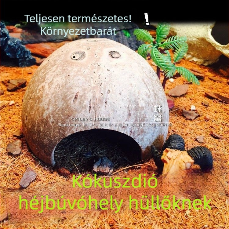 Natural coconut shell reptile cave hideout for lizards, geckos, spiders, snakes, scorpions, hamsters, centipedes and hermit crabs; material: coconut shell; purpose: reptile and small-pet habitat; imported: No