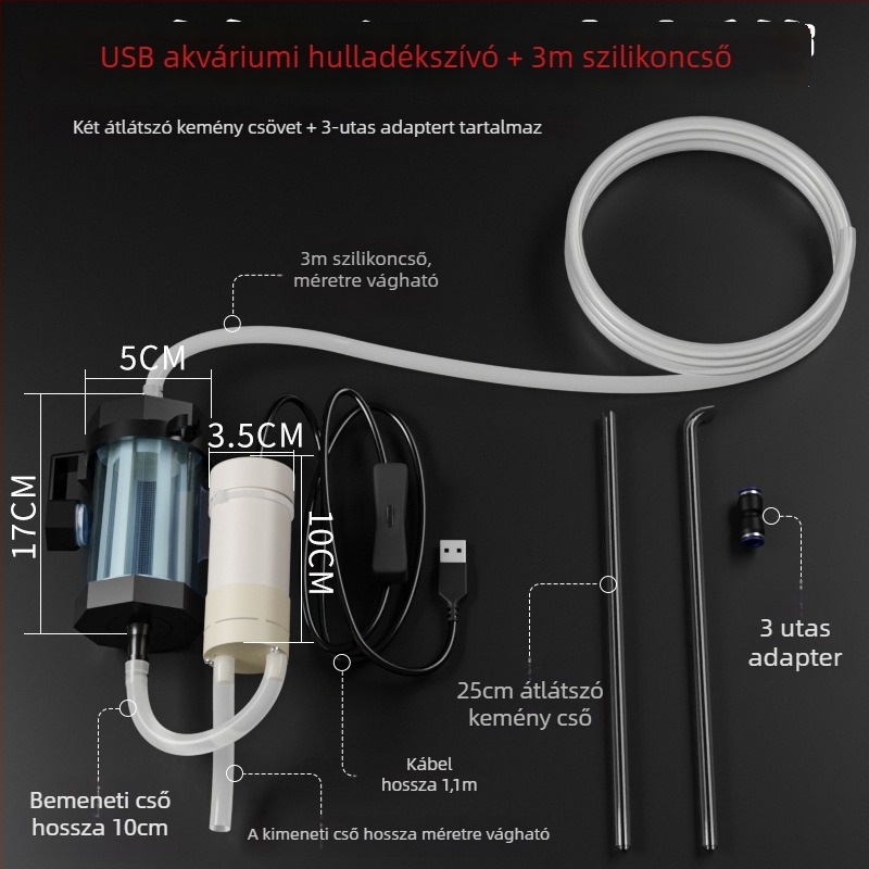 USB akváriumi vízcsere rendszer önprimáló pumpával, automatikus vízátvitel