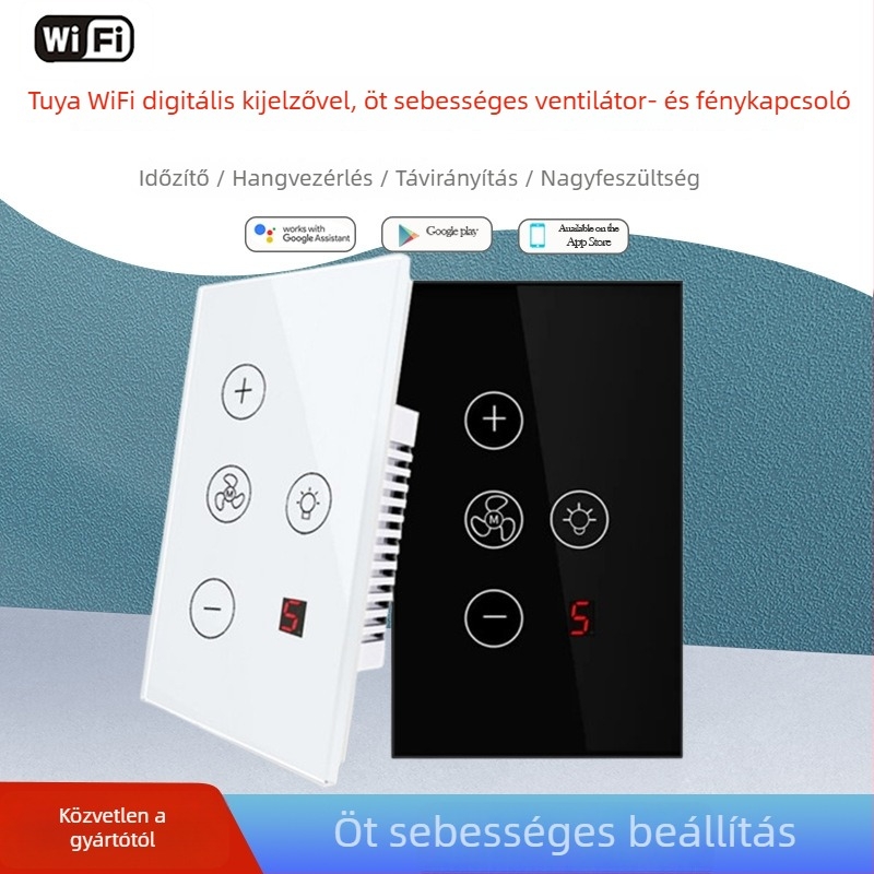 JEUMP WiFi ventilátor- és lámpakapcsoló digitális kijelzővel, öt sebességes beállítás, hangvezérlés – 100-240V, 10A, furatok távolsága 83,5 mm, tűzálló PC panel, élettartam 1 000 000 ciklus