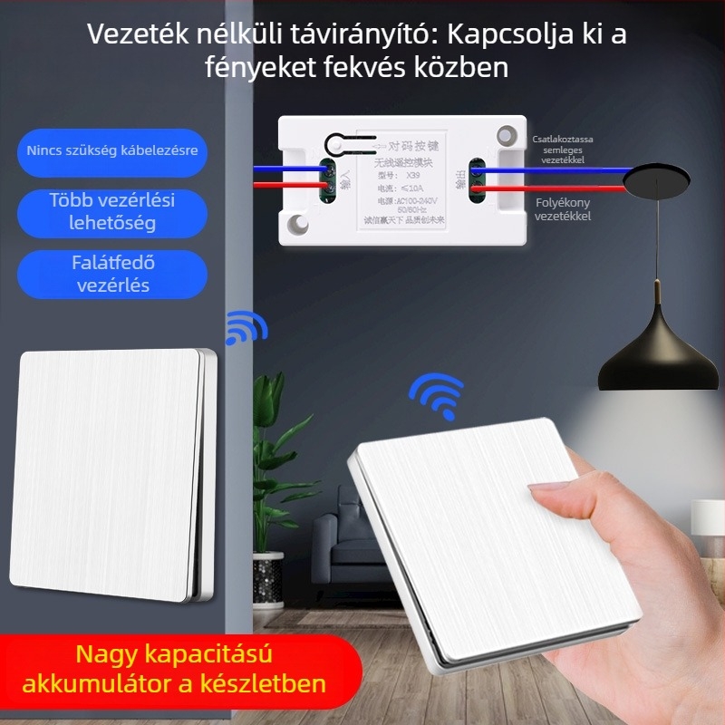 Vezeték nélküli távirányítós falikapcsoló, 86-os panel, 220V, LED világításra