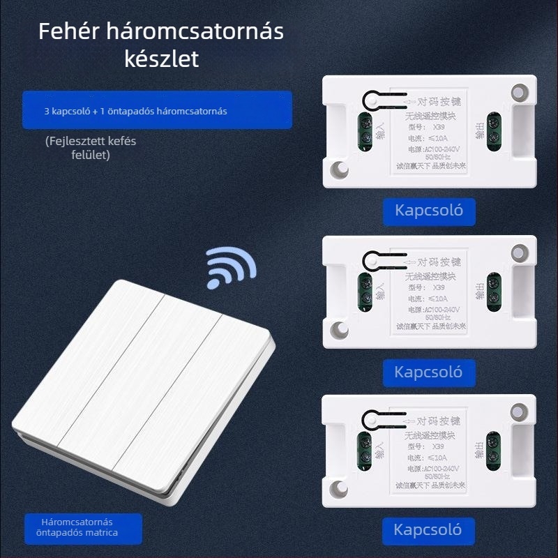 Vezeték nélküli távirányítós falikapcsoló, 86-os panel, 220V, LED világításra