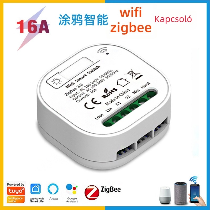 Qichip Zigbee vevő Wi‑Fi kapcsolóval és önellátó kapcsolópanelen, hangvezérlés, intelligens időzítő, AC 100–240V, 10A, 60×60 mm, PC panel, 1 000 000 ciklus