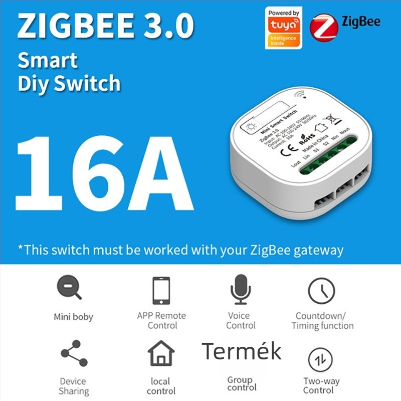 Qichip Zigbee vevő Wi‑Fi kapcsolóval és önellátó kapcsolópanelen, hangvezérlés, intelligens időzítő, AC 100–240V, 10A, 60×60 mm, PC panel, 1 000 000 ciklus