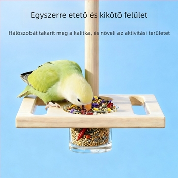 Papagáj etető állványon lévő etető- és itatóplatform fröccsenés elleni védelemmel, faanyagú, 91 darab, márka 7o/qi oh, akváriummal kompatibilis, automata etetés nélkül