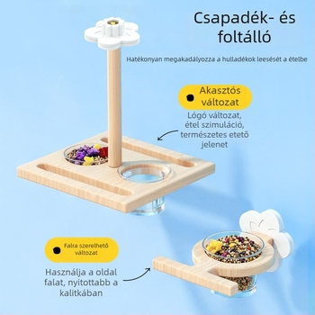 Papagáj etető állványon lévő etető- és itatóplatform fröccsenés elleni védelemmel, faanyagú, 91 darab, márka 7o/qi oh, akváriummal kompatibilis, automata etetés nélkül