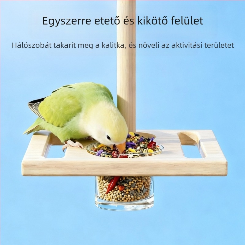 Papagáj etető állványon lévő etető- és itatóplatform fröccsenés elleni védelemmel, faanyagú, 91 darab, márka 7o/qi oh, akváriummal kompatibilis, automata etetés nélkül