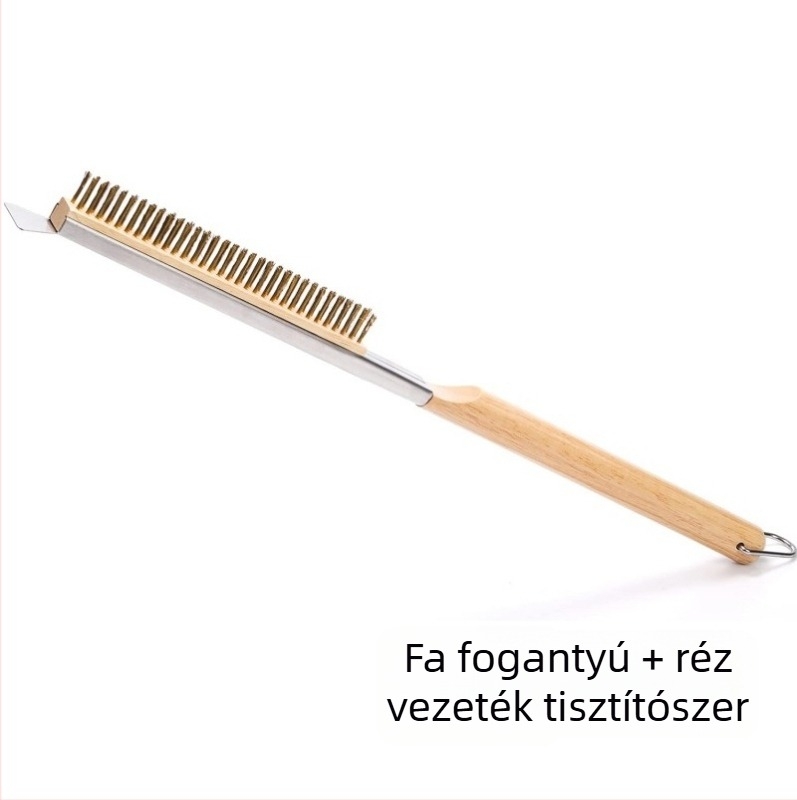 Pizzához való barbecue ecset rézdróttal és fa nyéllel, kő sütő tisztítására