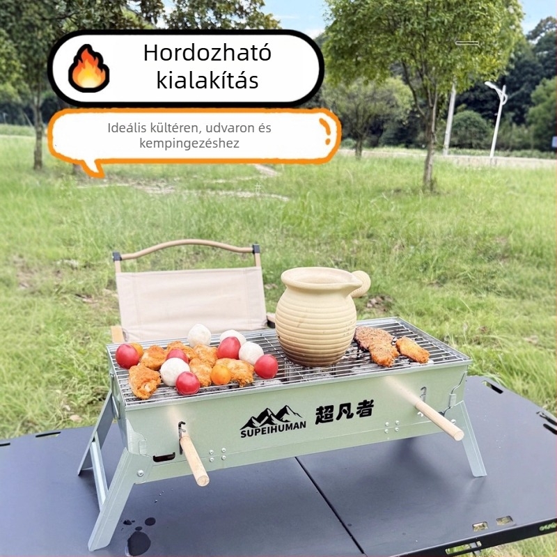 Könnyen hordozható téglalap alakú széngrill szénacélból, állítható magasságú lemezzel