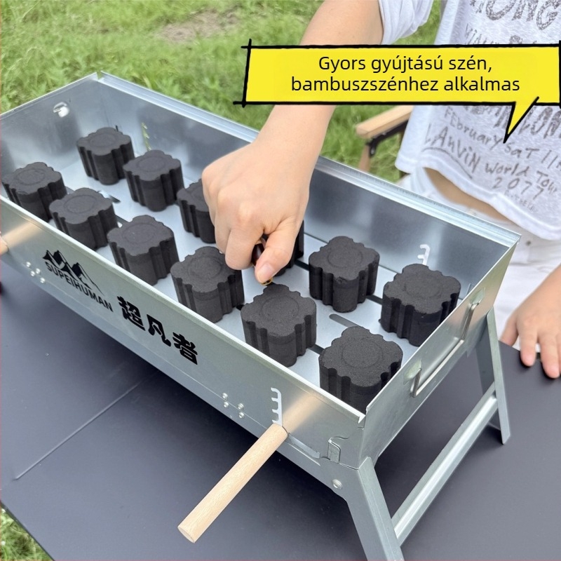 Könnyen hordozható téglalap alakú széngrill szénacélból, állítható magasságú lemezzel