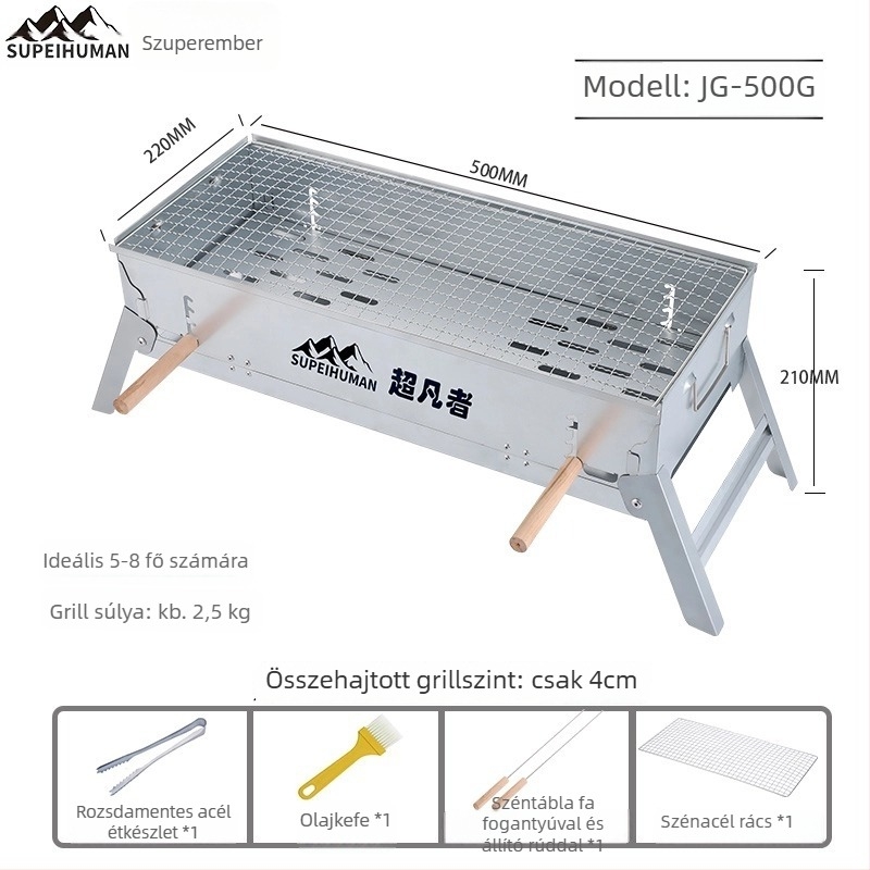 Könnyen hordozható téglalap alakú széngrill szénacélból, állítható magasságú lemezzel