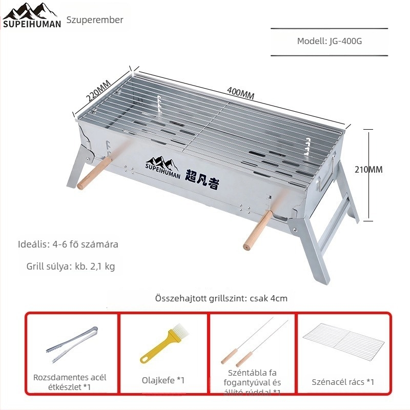 Könnyen hordozható téglalap alakú széngrill szénacélból, állítható magasságú lemezzel
