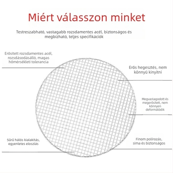 Rozsdamentes acélból kör alakú grillrács — polírozott felület, ponthegesztés, súly 150 g, doboz 50 darab