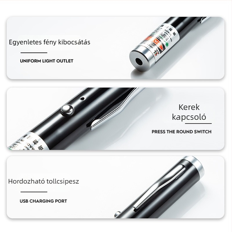 Quechuang USB újratölthető lézermutató — zöld hosszú hatótávolságú lézerfény, rozsdamentes acél test