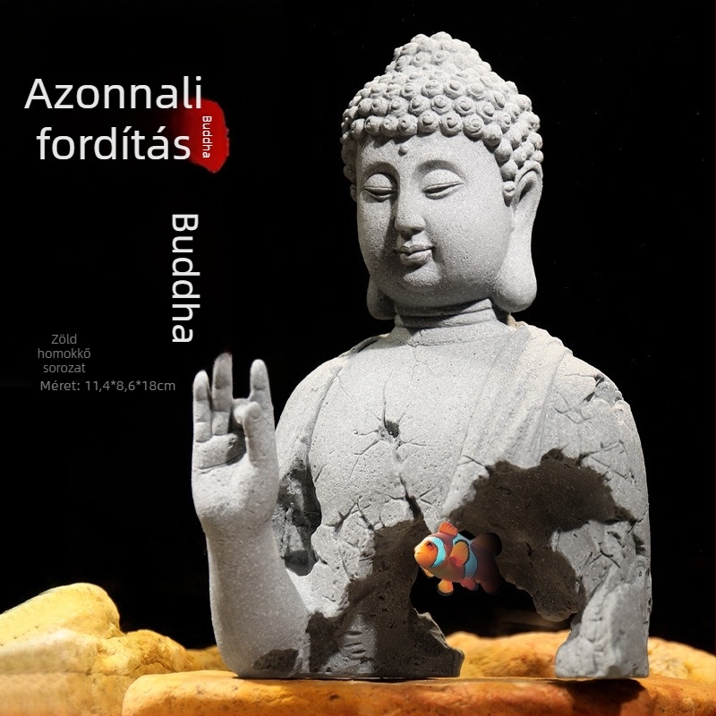 Kék homokkő Buddha szobor és Sun Wukong dísz az akváriumi tájépítéshez, zen rockery dekoráció