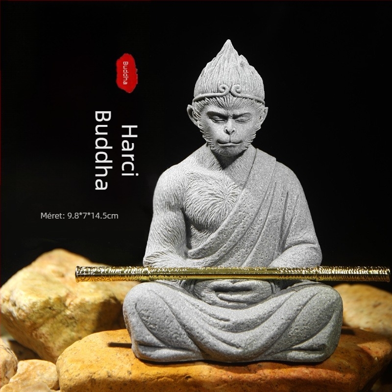 Kék homokkő Buddha szobor és Sun Wukong dísz az akváriumi tájépítéshez, zen rockery dekoráció