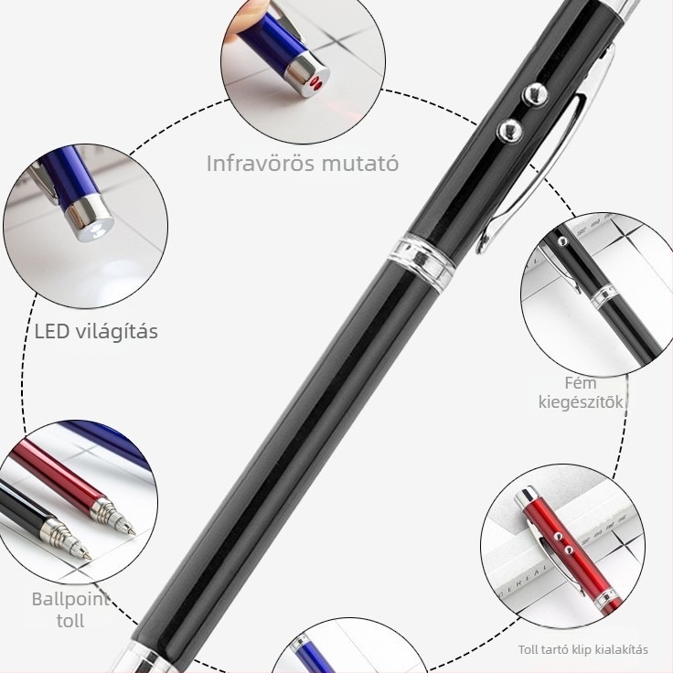 Kinyitható mutató toll LED-lámpával — Négy az egyben, mini ajándék, logó nyomtatás