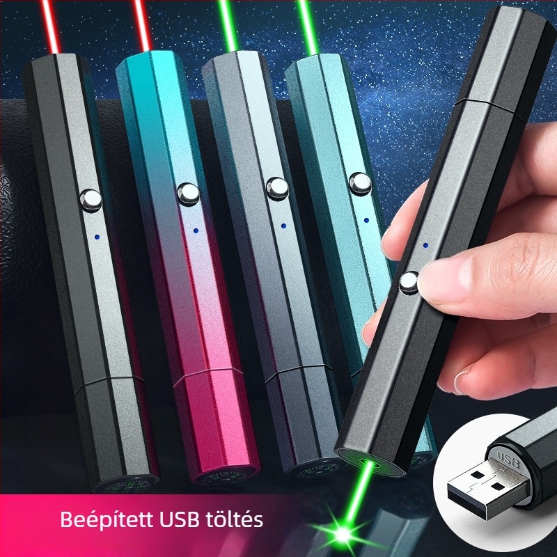 USB újratölthető lézerpointer, fémből készült test, kéthullámhosszú lézerkimenet, logónyomtatás és magáncímke opció