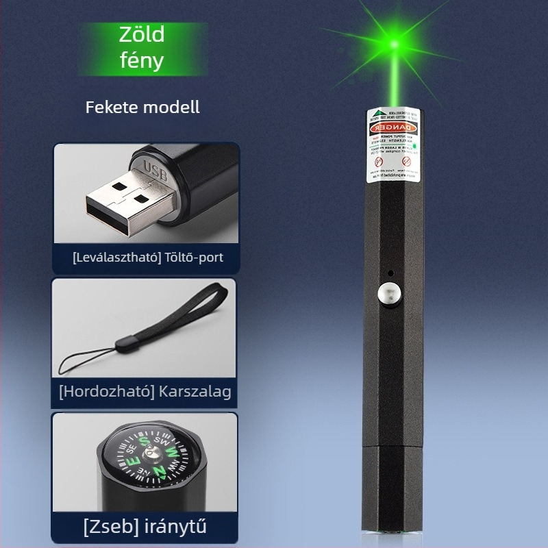 USB újratölthető lézerpointer, fémből készült test, kéthullámhosszú lézerkimenet, logónyomtatás és magáncímke opció