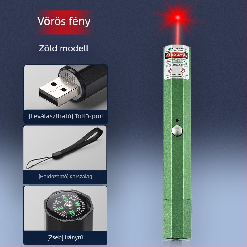 USB újratölthető lézerpointer, fémből készült test, kéthullámhosszú lézerkimenet, logónyomtatás és magáncímke opció