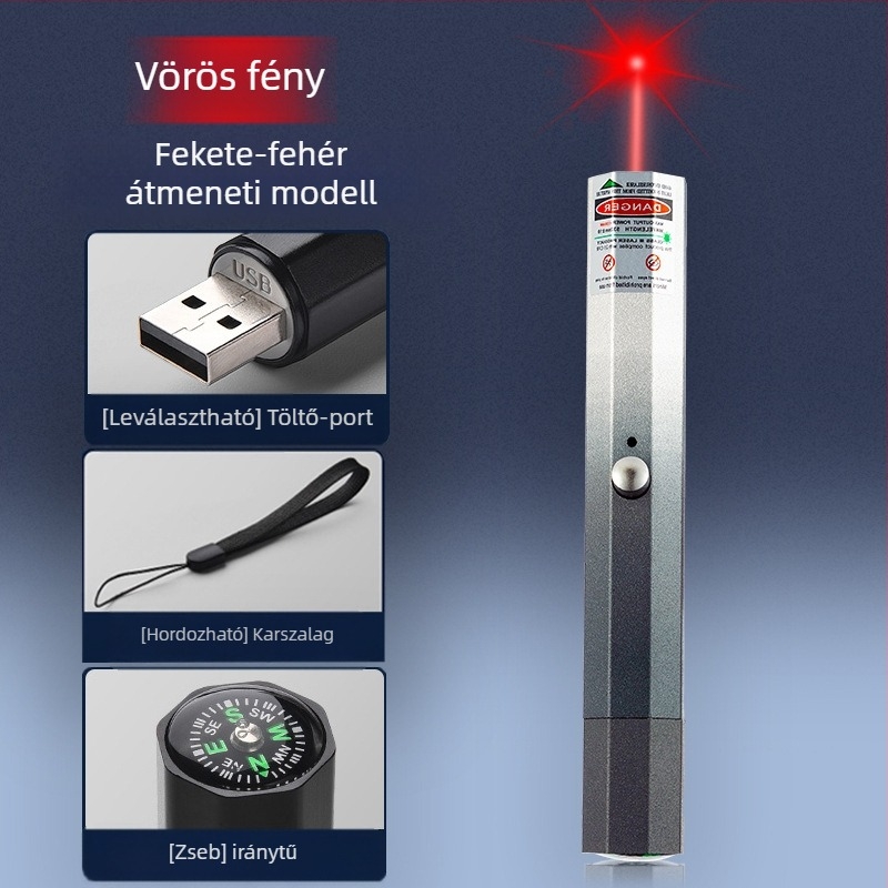 USB újratölthető lézerpointer, fémből készült test, kéthullámhosszú lézerkimenet, logónyomtatás és magáncímke opció