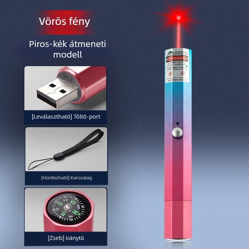 USB újratölthető lézerpointer, fémből készült test, kéthullámhosszú lézerkimenet, logónyomtatás és magáncímke opció