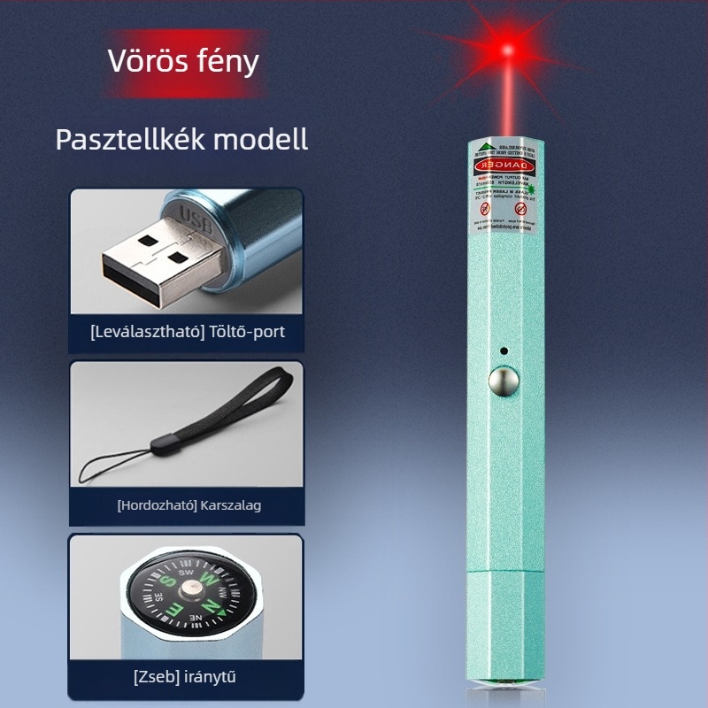 USB újratölthető lézerpointer, fémből készült test, kéthullámhosszú lézerkimenet, logónyomtatás és magáncímke opció