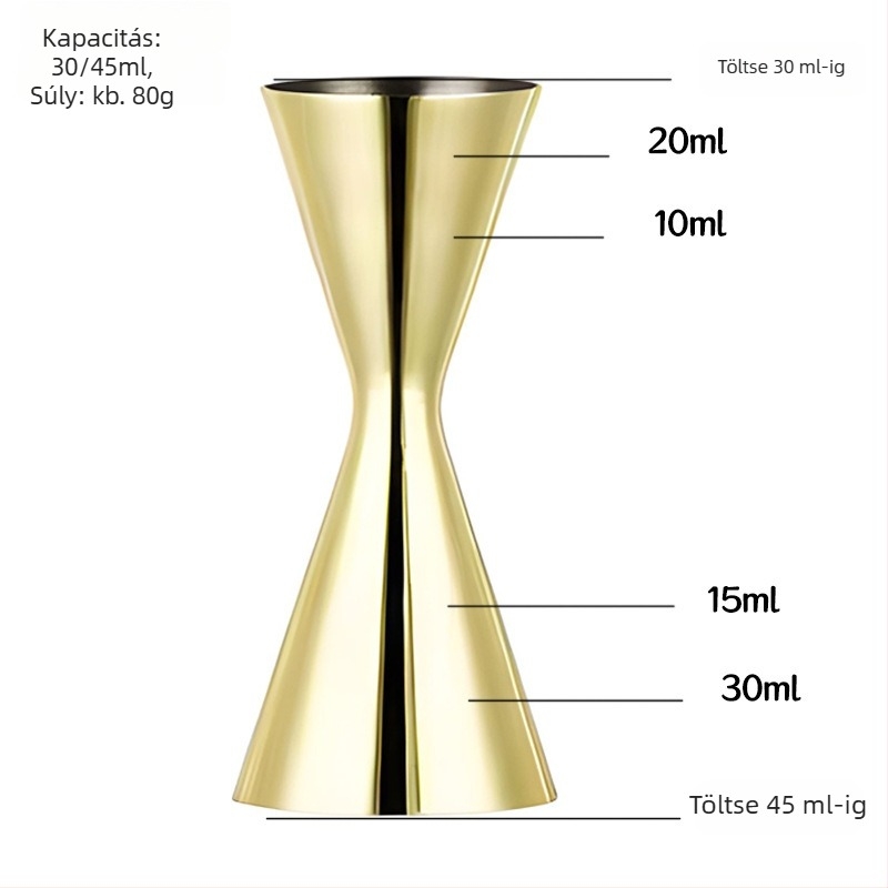 304 rozsdamentes acél koktél mérőedény kettős fejű mérőfejekkel, egy darabból álló design, unciás mérés, modern minimalista stílus, 2018-ban bevezetve, súly 100