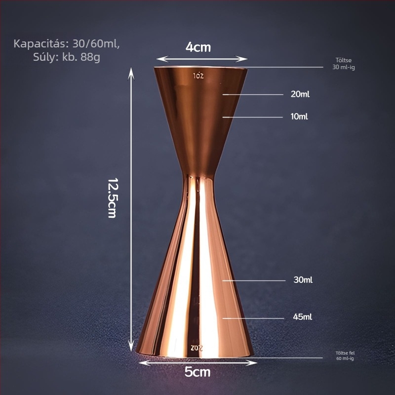 304 rozsdamentes acél koktél mérőedény kettős fejű mérőfejekkel, egy darabból álló design, unciás mérés, modern minimalista stílus, 2018-ban bevezetve, súly 100
