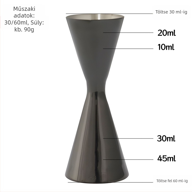 304 rozsdamentes acél koktél mérőedény kettős fejű mérőfejekkel, egy darabból álló design, unciás mérés, modern minimalista stílus, 2018-ban bevezetve, súly 100