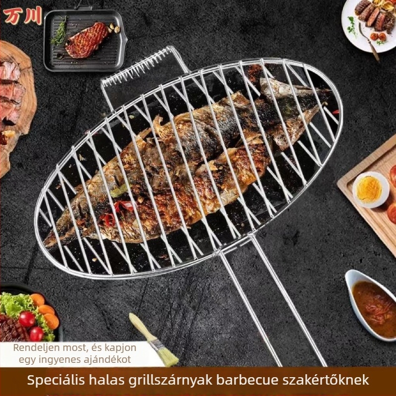 Halas grillcsipesz — kerek alak, rozsdamentes acél, többfunkciós, hordozható és összecsukható; súly 1 kg; kategória: BBQ grills háló